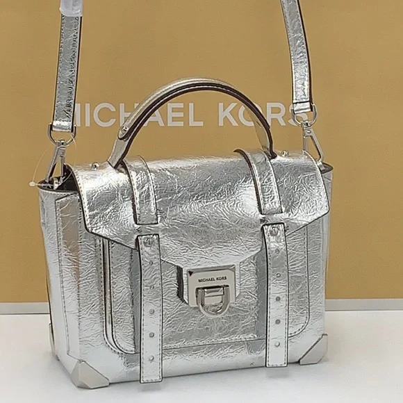 MICHAEL KORS MANHATTAN MEDIUM TOP HANDLE SCHOOL SATCHEL CROSSBODY BAG SILVER - Picture 4 of 16